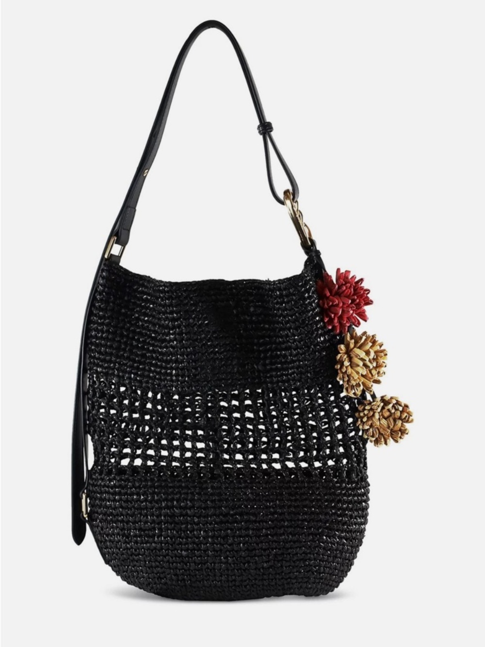 Sam Edelman Marcie Open Weave Raffia Bucket Bag Black Gold